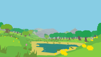 A still image screen capture from Proteus, displaying a low-poly representation of pond