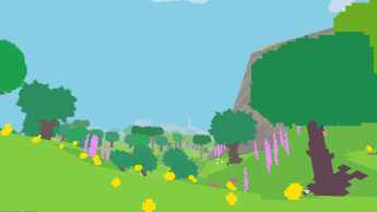 A still image screen capture from Proteus, displaying a low-poly representation of a summery valley