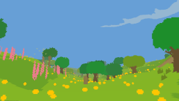 A still image screen capture from Proteus, displaying a low-poly representation of a meadow