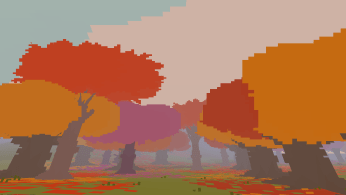 A still image screen capture from Proteus, displaying a low-poly representation of trees in autumn
