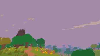 A still image screen capture from Proteus, displaying a low-poly representation of creatures in the sky, at dusk in summer